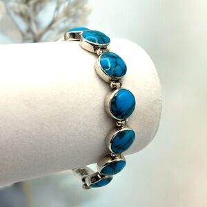 BEAUTIFUL Taxco Deep Blue Turquoise Cabachon Bracelet ~950 Sterling Silver 7.5”